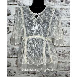 Naf-Naf boho Ivory Sheer V-neck Lace top w tie detail and 3/4 sleeves size SM